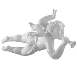 Fliegende Barock Engelfigur Mit Horn, 120 Cm, Weiß