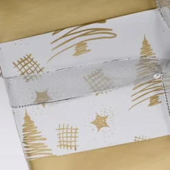 Nachhaltiges, Doppelseitiges Weihnachts-Geschenkpapier Mit Tannenbäumen & Sternen In Gold – 50 M Geschenkpapier-Rolle
