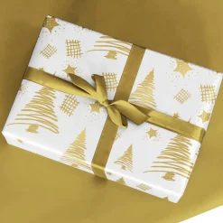 Nachhaltiges, Doppelseitiges Weihnachts-Geschenkpapier Mit Tannenbäumen & Sternen In Gold – 50 M Geschenkpapier-Rolle