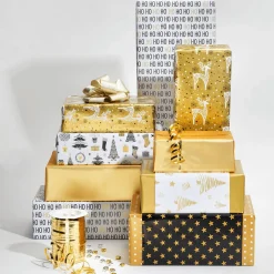 Nachhaltiges, Doppelseitiges Weihnachts-Geschenkpapier Mit Tannenbäumen & Sternen In Gold – 50 M Geschenkpapier-Rolle