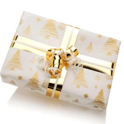 Nachhaltiges, Doppelseitiges Weihnachts-Geschenkpapier Mit Tannenbäumen & Sternen In Gold – 50 M Geschenkpapier-Rolle