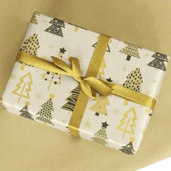 Recyceltes Kraftpapier Mit Weihnachtsbäumen In Beige, Schwarz & Gold – 50 M Geschenkpapier-Rolle