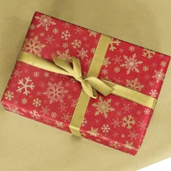 Recyceltes, Rotes Kraftpapier Mit Goldenen Schneeflocken – 50 M Geschenkpapier-Rolle