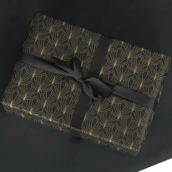 Recyceltes, Schwarzes Kraftpapier Mit Goldenem Fächermotiv – 50 M Geschenkpapier-Rolle