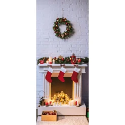 Schwer Entflammbarer Stoffbanner "Weihnachtlicher Kamin Und Kranz" Aus Fahnenstoff 75 X 180 Cm