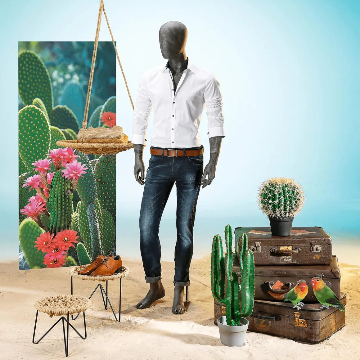 Schwer Entflammbarer Stoffbanner „blühende Kakteen“ Aus Fahnenstoff 75 X 180 Cm