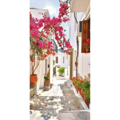 Schwer Entflammbarer Stoffbanner „mediterrane Gasse Mit Bougainvillea“ Aus Fahnenstoff 100 X 200 Cm
