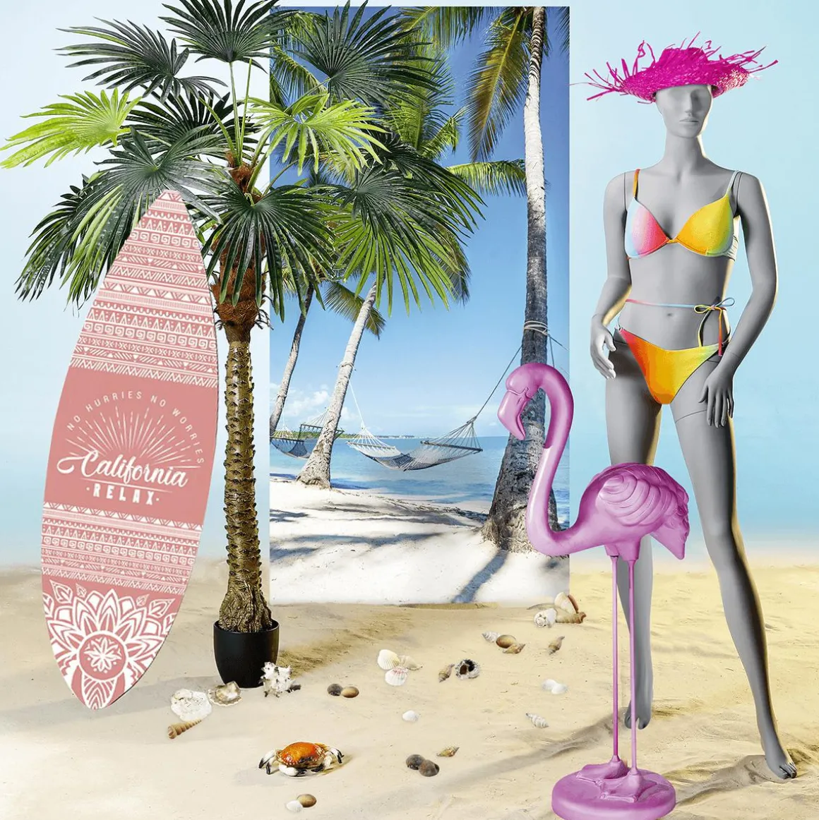 Schwer Entflammbarer Stoffbanner „Hängematte Unter Palmen Am Traumstrand“ Aus Fahnenstoff 100 X 200 Cm