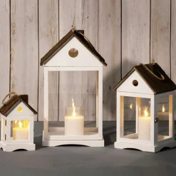 Windlicht Laterne Holzhäuser, Set à 3 Stück